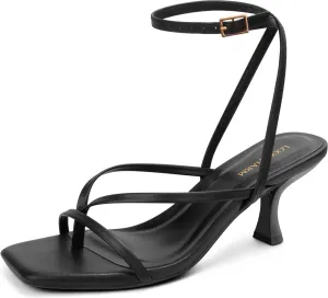 Women's Kitten Heel Strappy Open Square Toe Thong Ankle Strap Heels for Wedding