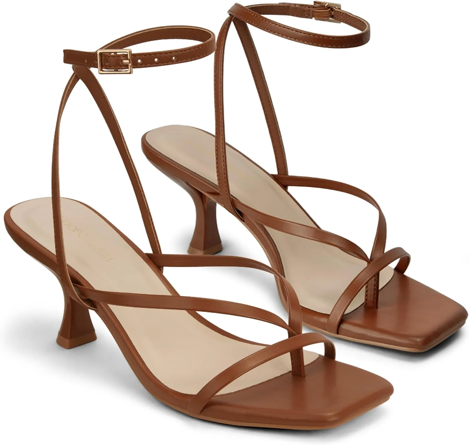Women's Kitten Heel Strappy Open Square Toe Thong Ankle Strap Heels for Wedding