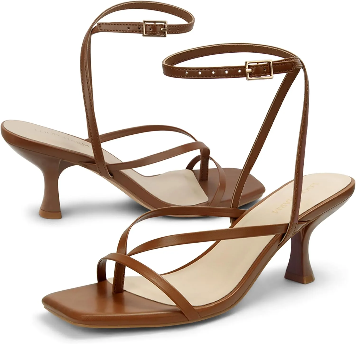 Women's Kitten Heel Strappy Open Square Toe Thong Ankle Strap Heels for Wedding