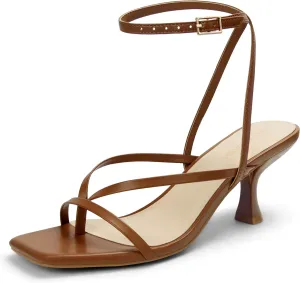 Women's Kitten Heel Strappy Open Square Toe Thong Ankle Strap Heels for Wedding