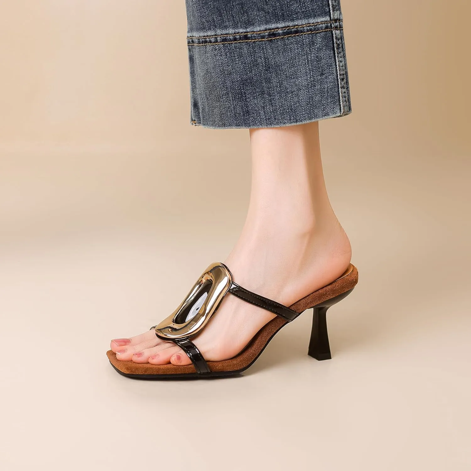 Womens Kitten Heels Sandals Round Square Open Toe Slip On Low Slide Heeled Sandals