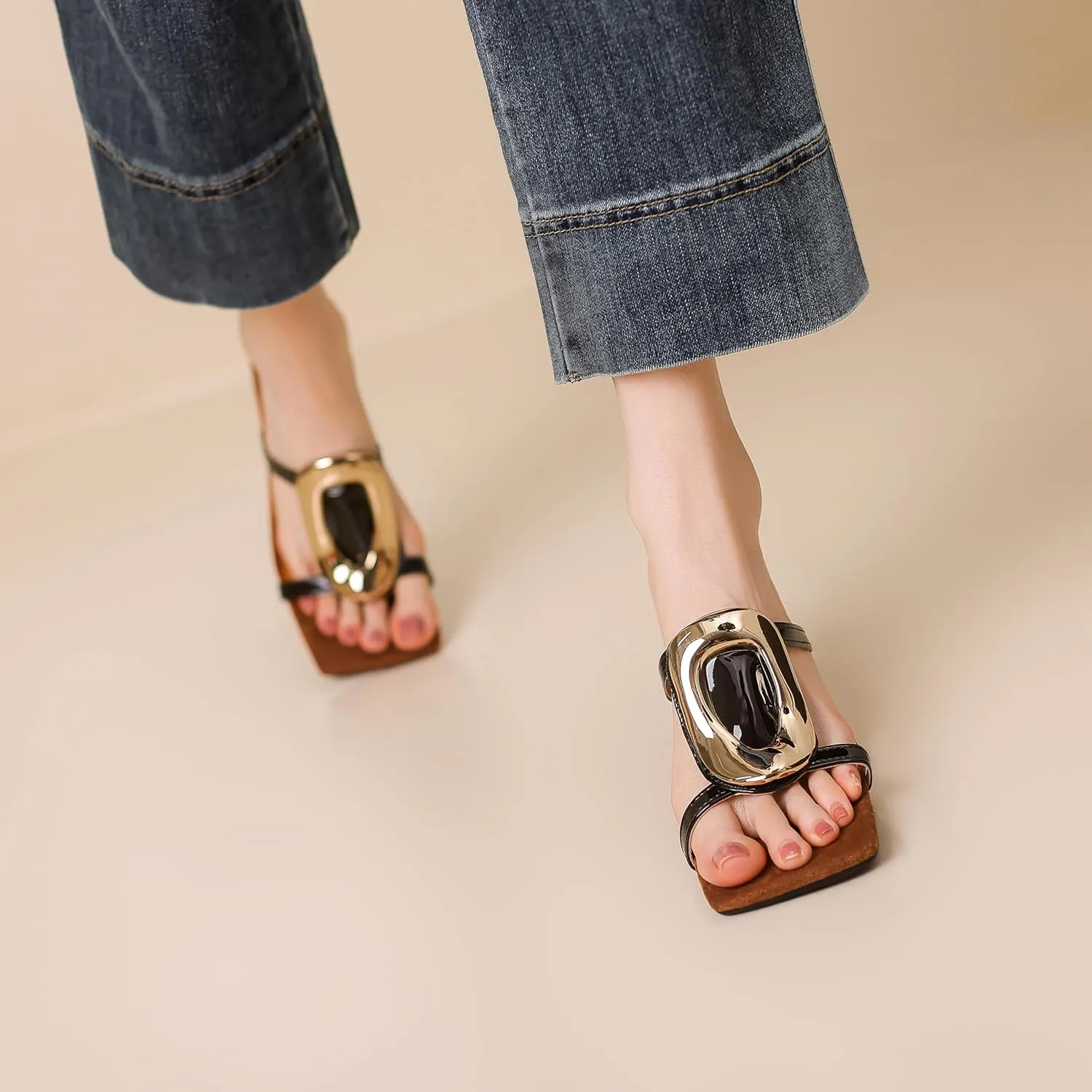 Womens Kitten Heels Sandals Round Square Open Toe Slip On Low Slide Heeled Sandals