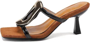 Womens Kitten Heels Sandals Round Square Open Toe Slip On Low Slide Heeled Sandals