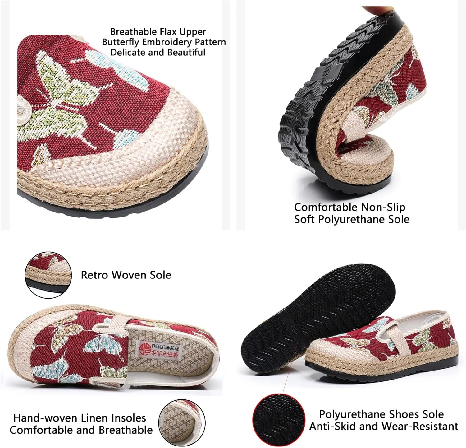 Women's Linen Woven Butterfly Embroidery Flat Loafers,Low-Top Pumps Slip On Casual Platform Espadrilles Smoking Retro Mary Janes Walking Shoes