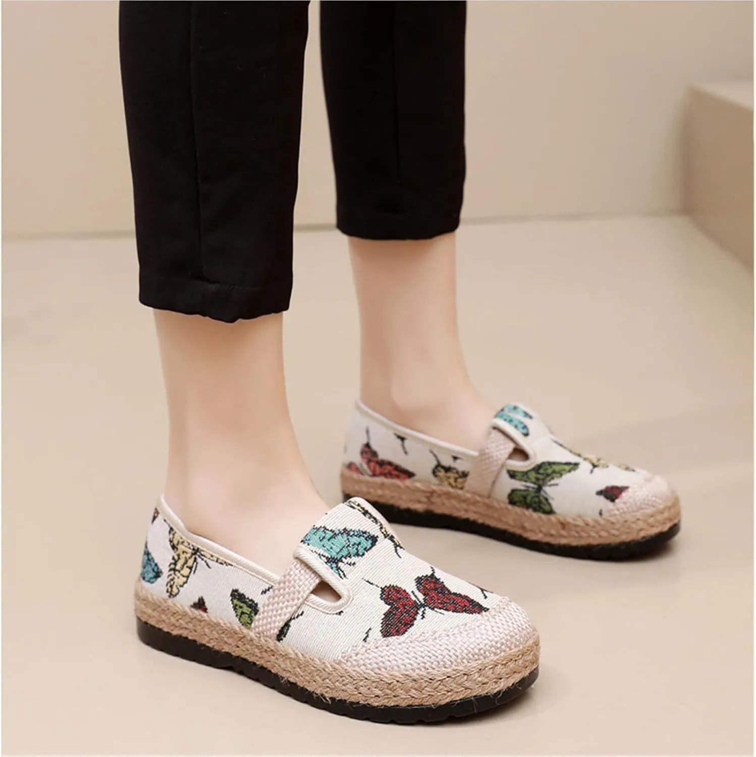 Women's Linen Woven Butterfly Embroidery Flat Loafers,Low-Top Pumps Slip On Casual Platform Espadrilles Smoking Retro Mary Janes Walking Shoes