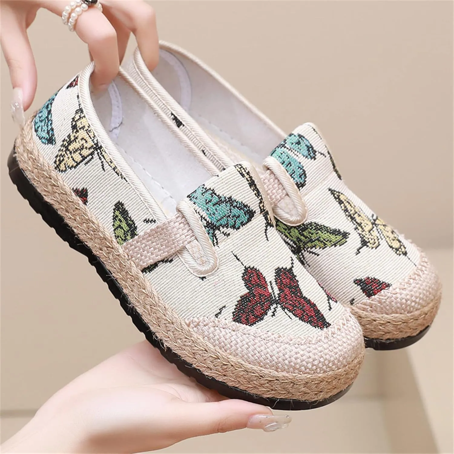 Women's Linen Woven Butterfly Embroidery Flat Loafers,Low-Top Pumps Slip On Casual Platform Espadrilles Smoking Retro Mary Janes Walking Shoes