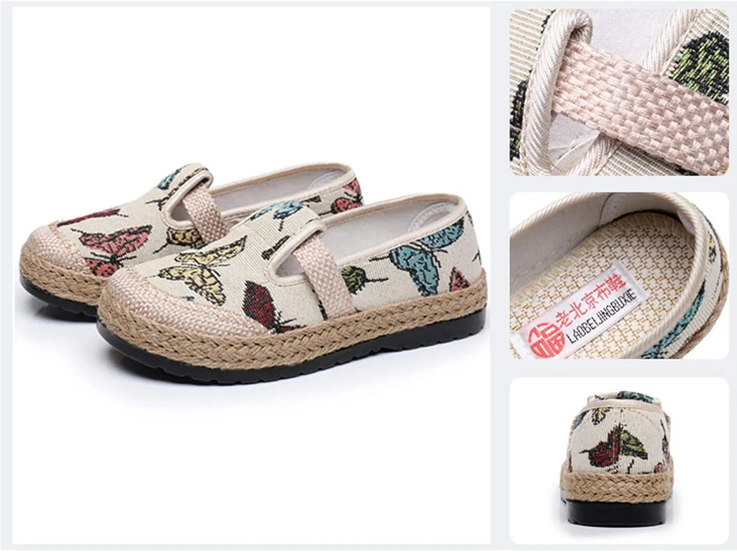 Women's Linen Woven Butterfly Embroidery Flat Loafers,Low-Top Pumps Slip On Casual Platform Espadrilles Smoking Retro Mary Janes Walking Shoes