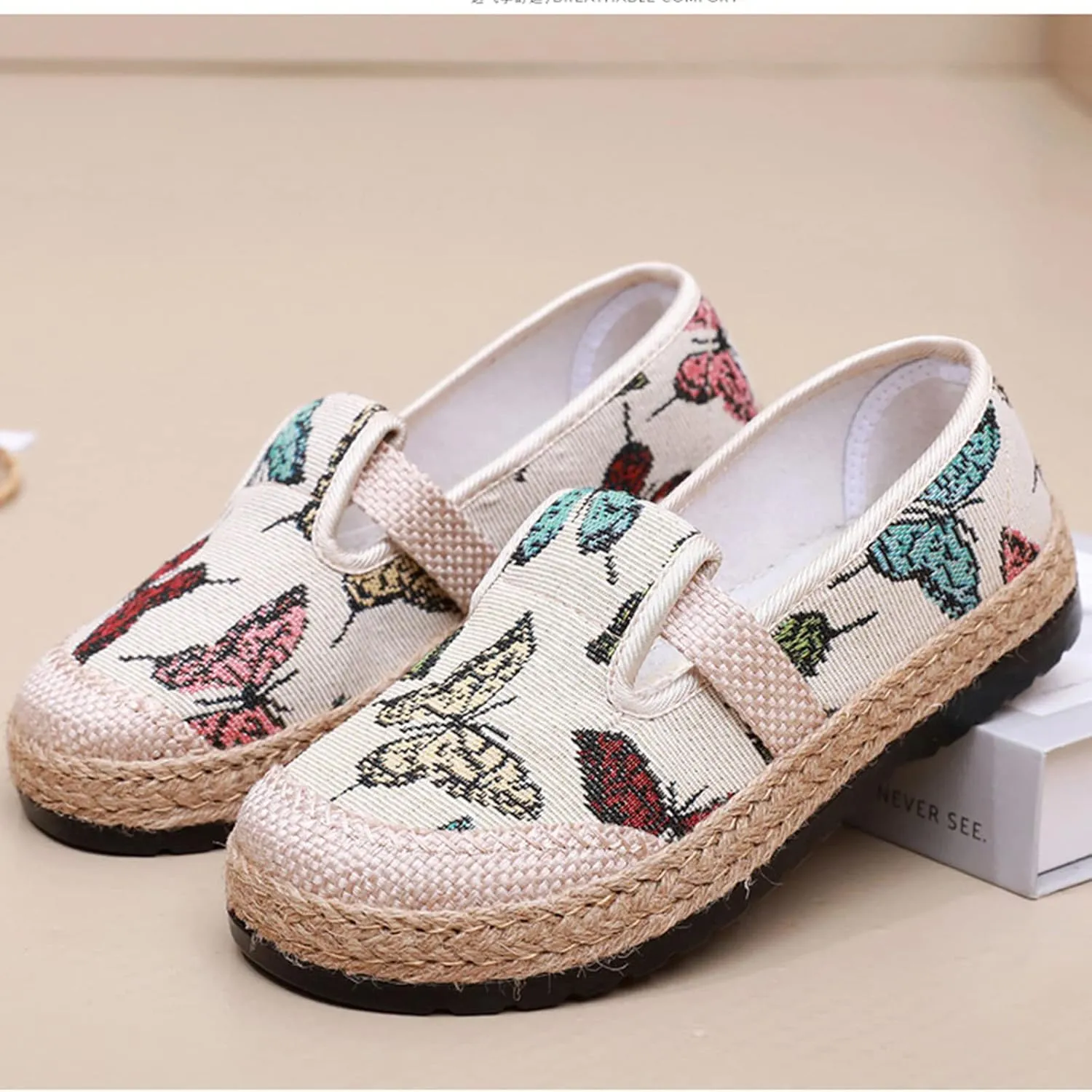 Women's Linen Woven Butterfly Embroidery Flat Loafers,Low-Top Pumps Slip On Casual Platform Espadrilles Smoking Retro Mary Janes Walking Shoes