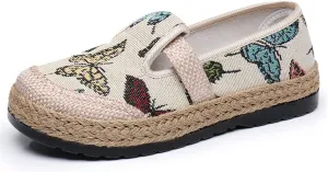Women's Linen Woven Butterfly Embroidery Flat Loafers,Low-Top Pumps Slip On Casual Platform Espadrilles Smoking Retro Mary Janes Walking Shoes
