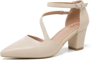 Women's Low Heel Pumps Closed Pointed Toe Block Chunky Heel Cross Strap Wedding Bridal Party Dress Shoes