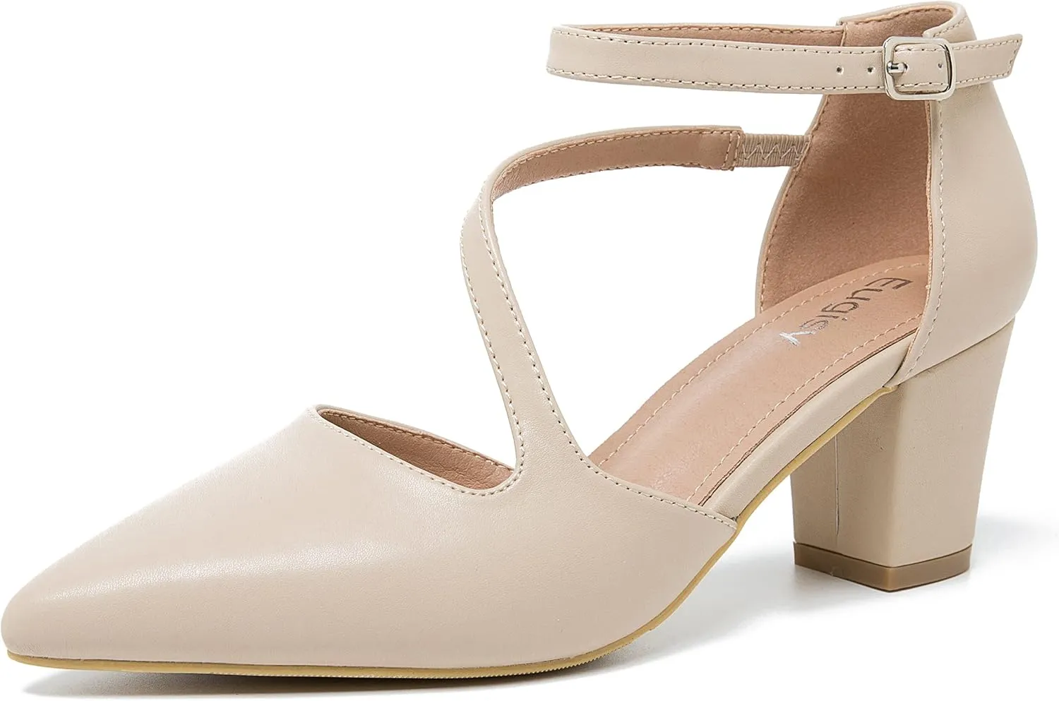 Women's Low Heel Pumps Closed Pointed Toe Block Chunky Heel Cross Strap Wedding Bridal Party Dress Shoes