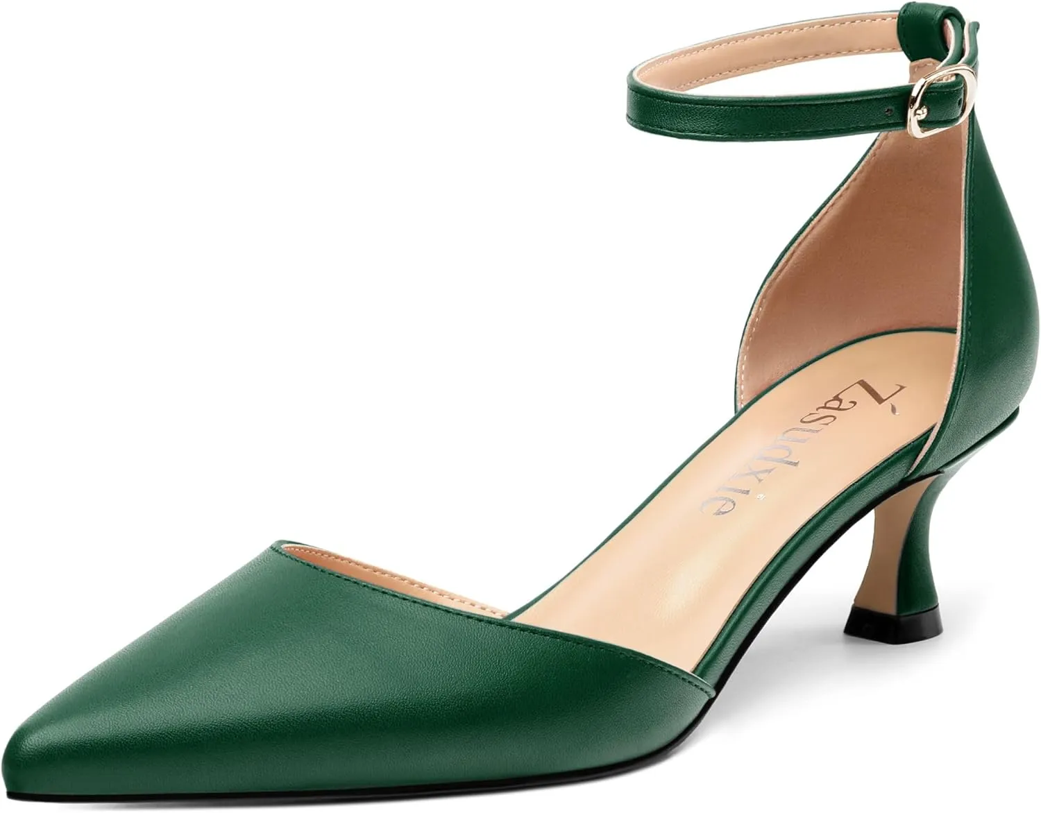 Women's Low Kitten Heel Closed Pointed Toe Pumps Matte Ankle Strap Buckle Wedding Party Dress Shoes for Women 2 Inches