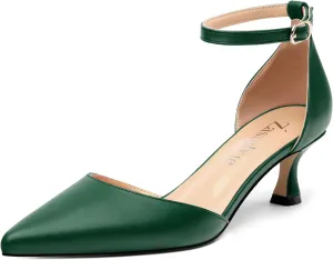 Women's Low Kitten Heel Closed Pointed Toe Pumps Matte Ankle Strap Buckle Wedding Party Dress Shoes for Women 2 Inches