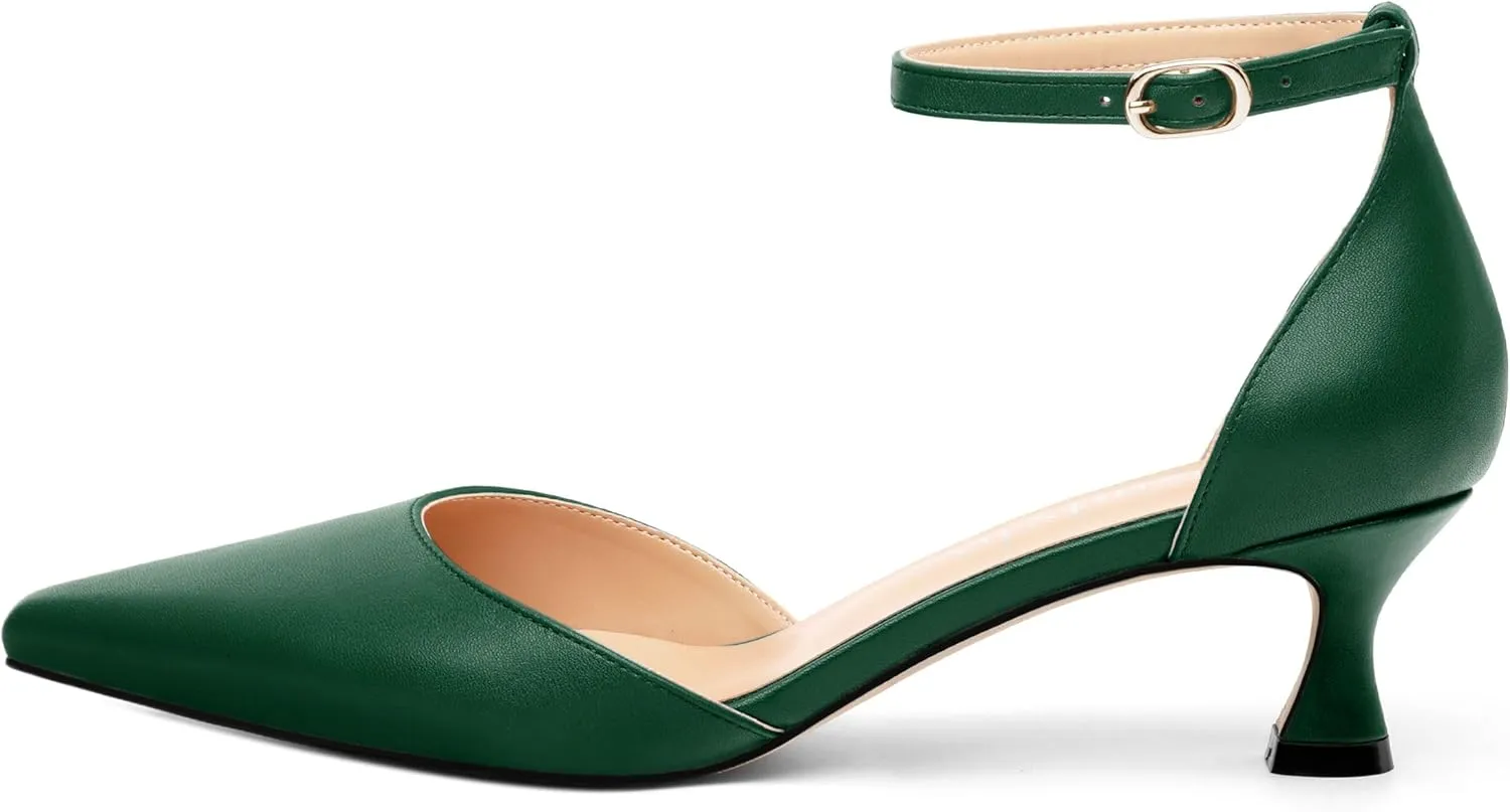 Women's Low Kitten Heel Closed Pointed Toe Pumps Matte Ankle Strap Buckle Wedding Party Dress Shoes for Women 2 Inches