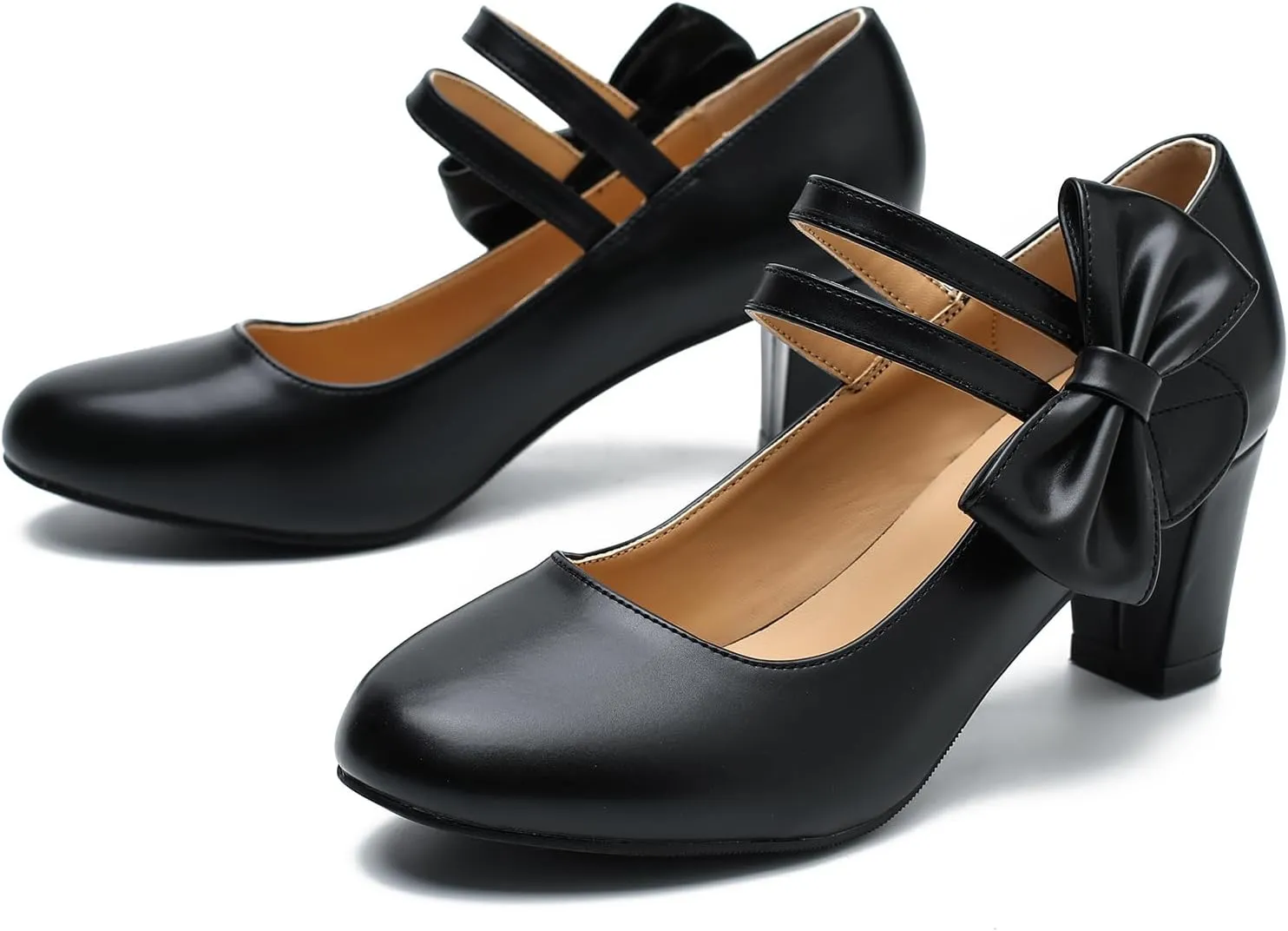 Women's Mary Jane Heels with Bow Low Heels Closed Chunky Block Double Ankle Strap Pumps Wedding Office Work Dress Shoes
