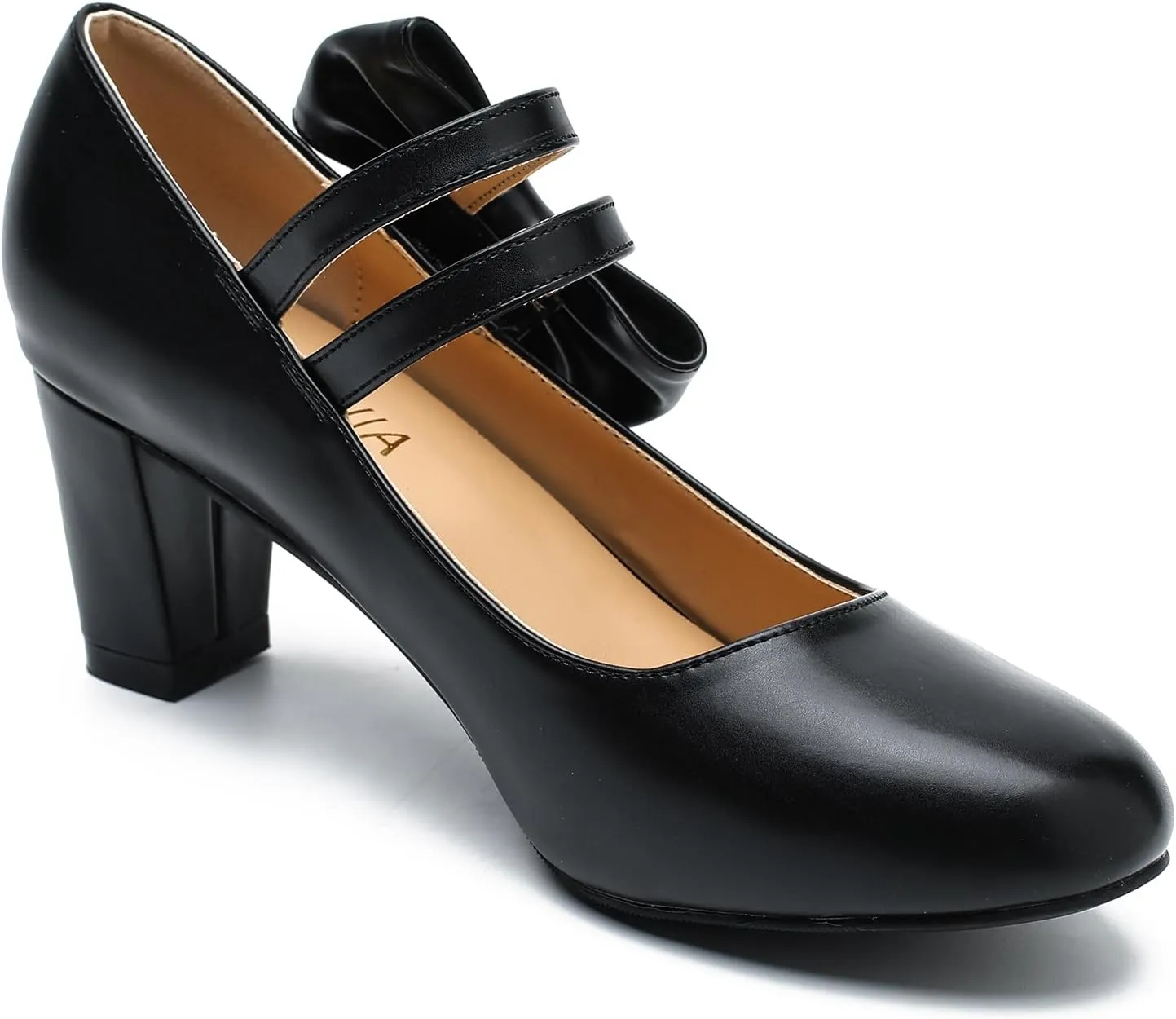 Women's Mary Jane Heels with Bow Low Heels Closed Chunky Block Double Ankle Strap Pumps Wedding Office Work Dress Shoes