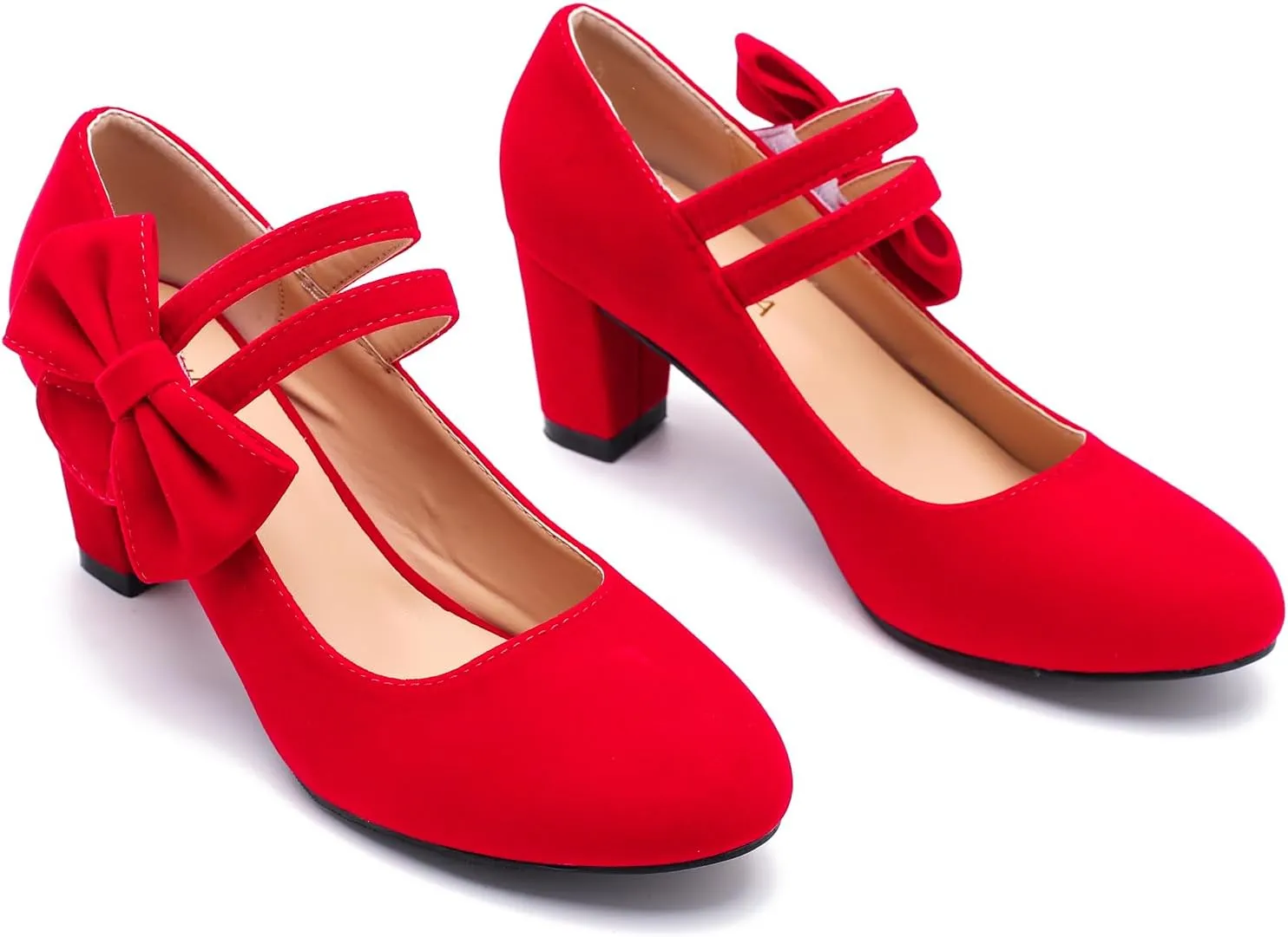 Women's Mary Jane Heels with Bow Low Heels Closed Chunky Block Double Ankle Strap Pumps Wedding Office Work Dress Shoes