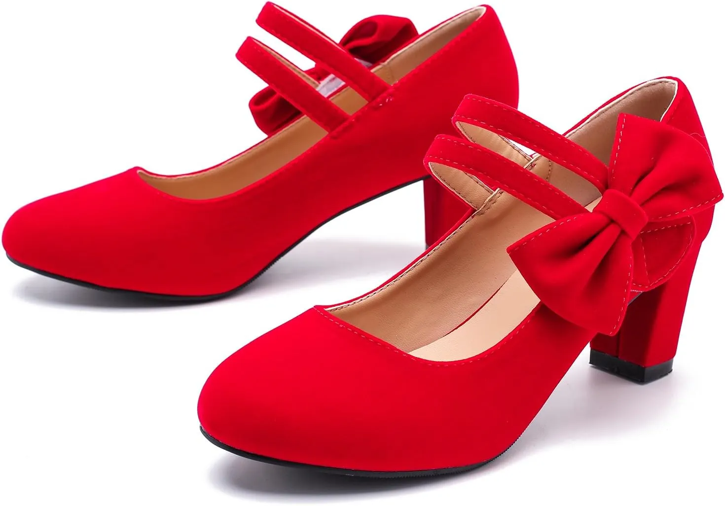 Women's Mary Jane Heels with Bow Low Heels Closed Chunky Block Double Ankle Strap Pumps Wedding Office Work Dress Shoes