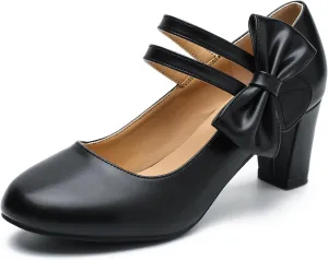 Women's Mary Jane Heels with Bow Low Heels Closed Chunky Block Double Ankle Strap Pumps Wedding Office Work Dress Shoes