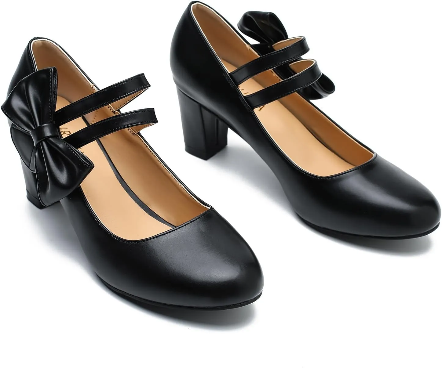 Women's Mary Jane Heels with Bow Low Heels Closed Chunky Block Double Ankle Strap Pumps Wedding Office Work Dress Shoes