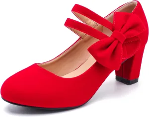 Women's Mary Jane Heels with Bow Low Heels Closed Chunky Block Double Ankle Strap Pumps Wedding Office Work Dress Shoes