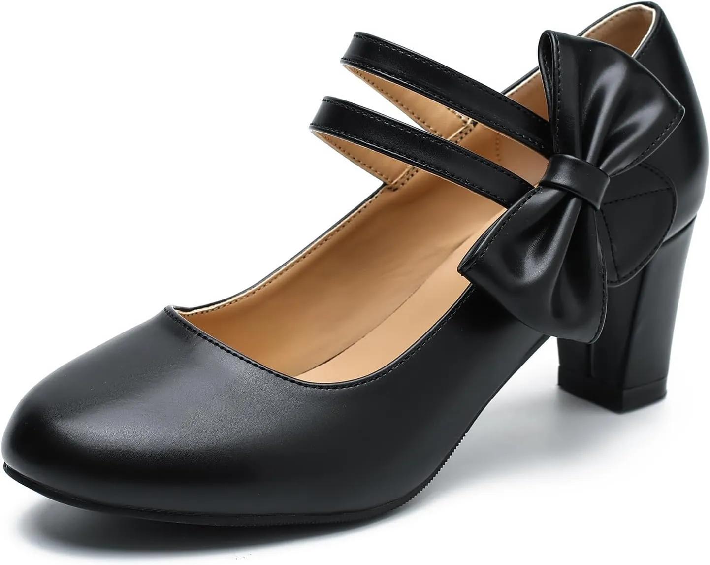Women's Mary Jane Heels with Bow Low Heels Closed Chunky Block Double Ankle Strap Pumps Wedding Office Work Dress Shoes