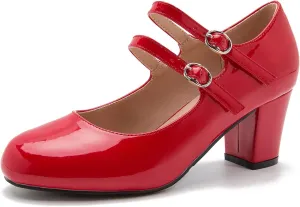 Women's Mary Jane Pumps Double Strap Chunky Block Heel Closed Round Toe Dress Office Work Bridal Wedding Party Shoes