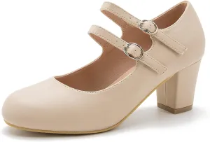 Women's Mary Jane Pumps Double Strap Chunky Block Heel Closed Round Toe Dress Office Work Bridal Wedding Party Shoes