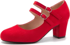 Women's Mary Jane Pumps Double Strap Chunky Block Heel Closed Round Toe Dress Office Work Bridal Wedding Party Shoes