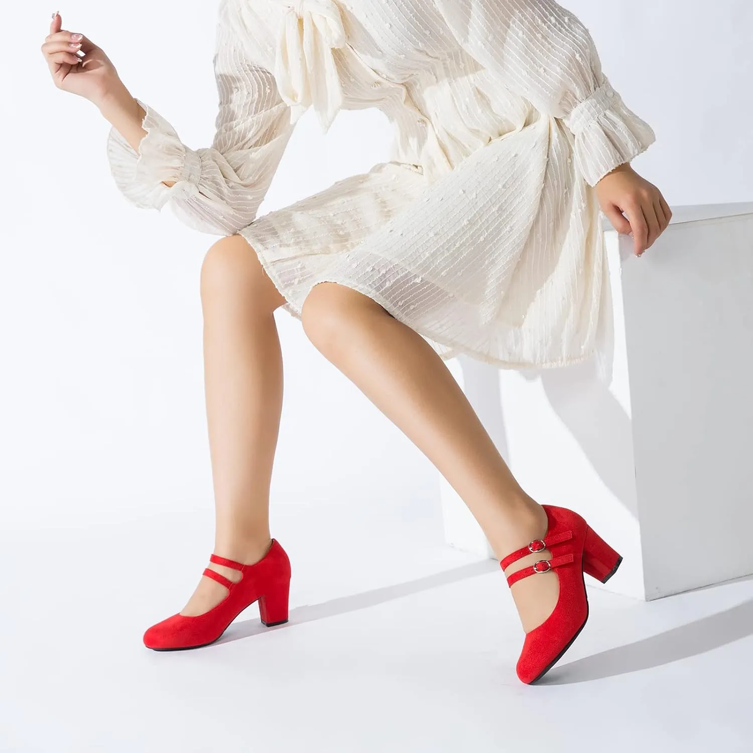 Women's Mary Jane Pumps Double Strap Chunky Block Heel Closed Round Toe Dress Office Work Bridal Wedding Party Shoes
