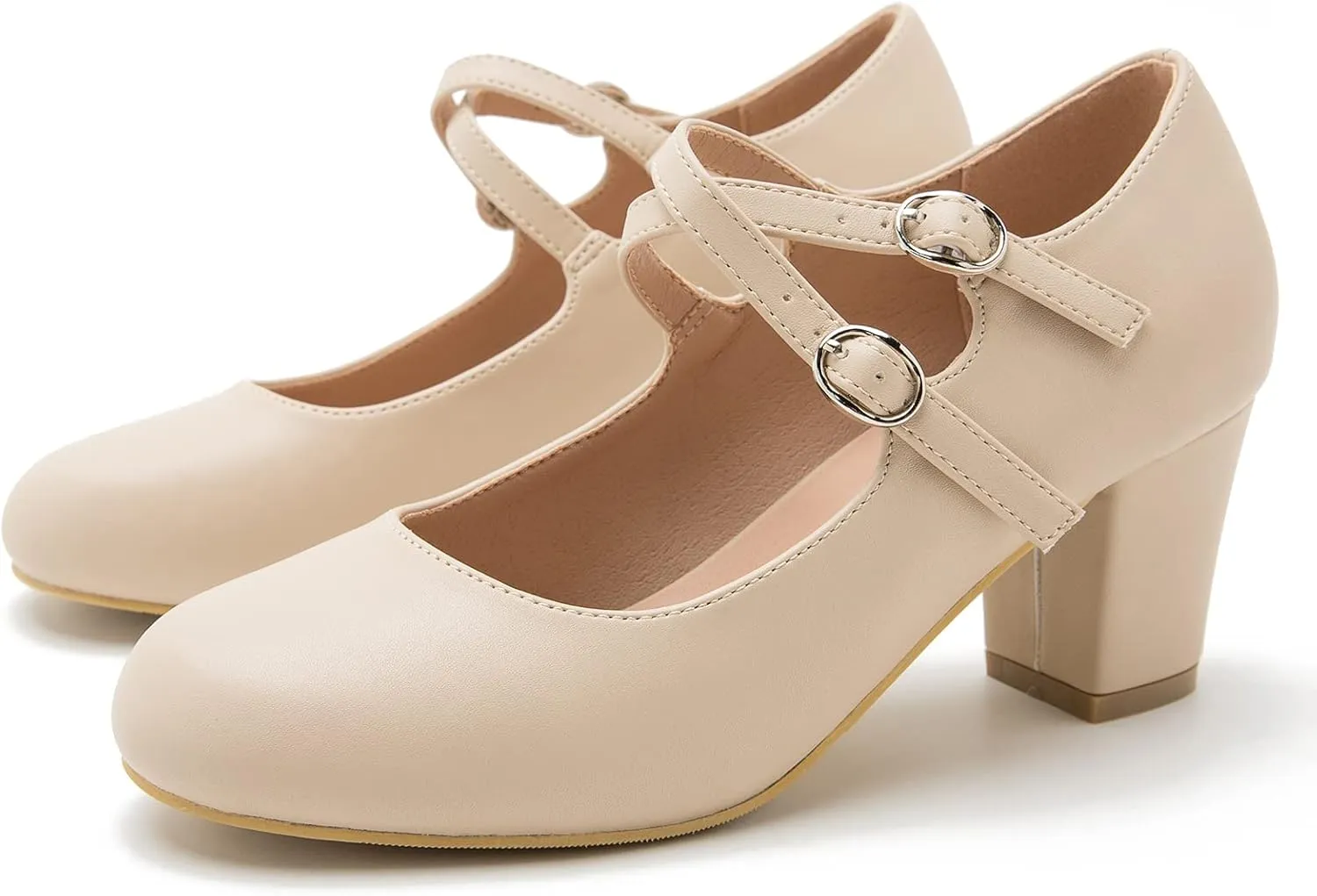 Women's Mary Jane Pumps Double Strap Chunky Block Heel Closed Round Toe Dress Office Work Bridal Wedding Party Shoes