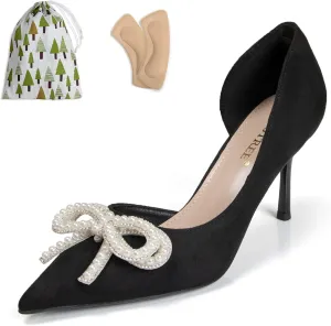 Womens Nude Pearl Bow Heels Pointed Toe Stiletto Heels for Women Red Black Suede D'Orsay Pumps 3 Inch Heel Closed Toe Formal Dress Shoes Comfortable