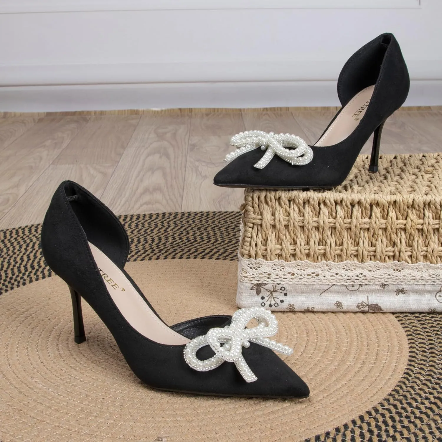 Womens Nude Pearl Bow Heels Pointed Toe Stiletto Heels for Women Red Black Suede D'Orsay Pumps 3 Inch Heel Closed Toe Formal Dress Shoes Comfortable