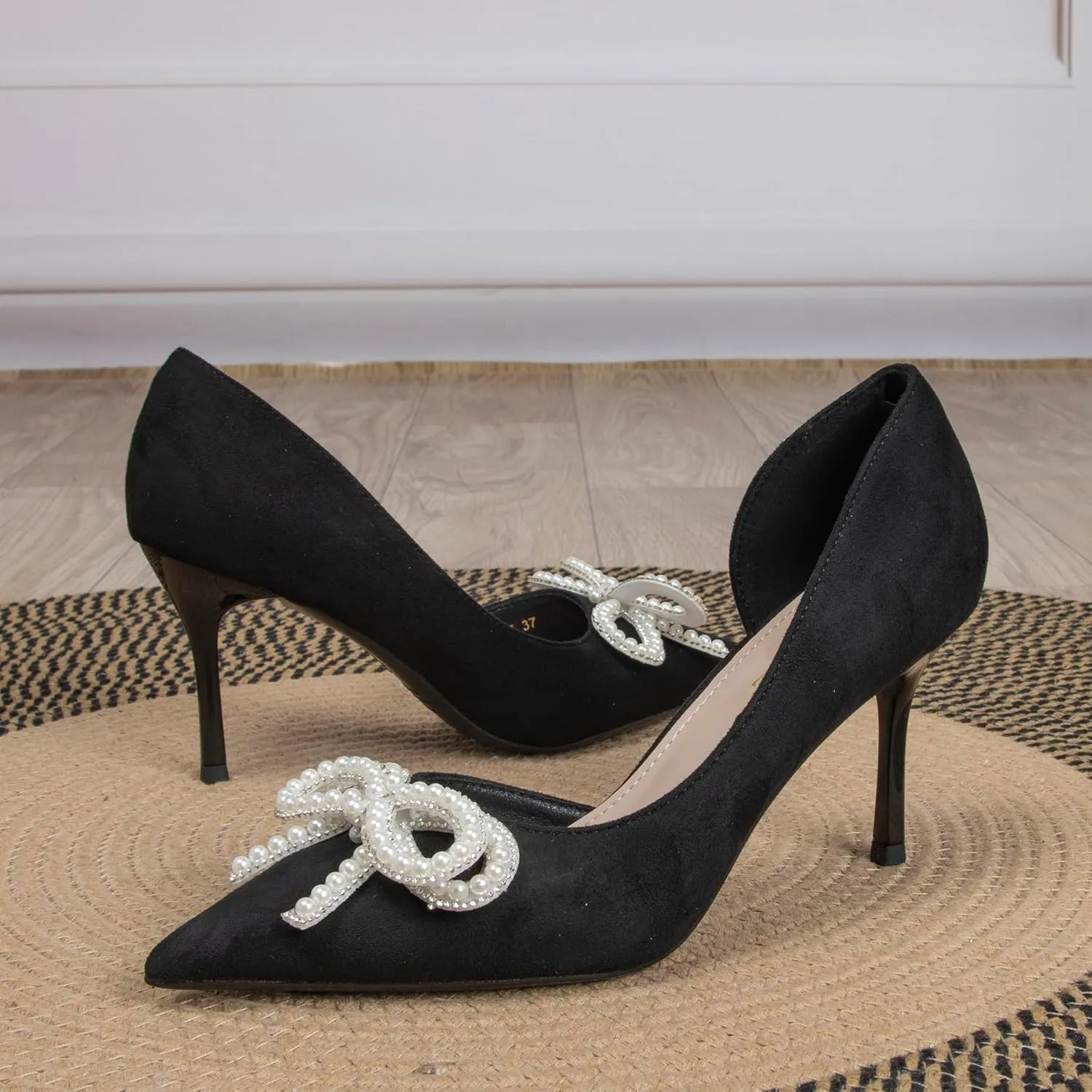 Womens Nude Pearl Bow Heels Pointed Toe Stiletto Heels for Women Red Black Suede D'Orsay Pumps 3 Inch Heel Closed Toe Formal Dress Shoes Comfortable