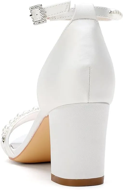 Women's Pearl Block Heels Wedding Shoes for Bride Low Heels Satin Bridal Shoes Open Toe Ankle Strap Heels Sandals