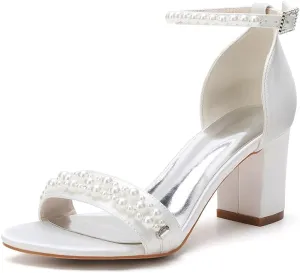 Women's Pearl Block Heels Wedding Shoes for Bride Low Heels Satin Bridal Shoes Open Toe Ankle Strap Heels Sandals