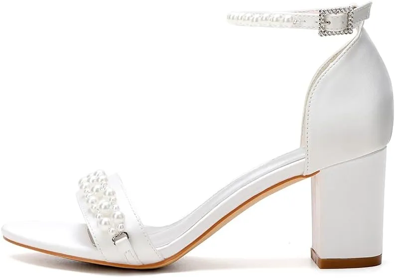 Women's Pearl Block Heels Wedding Shoes for Bride Low Heels Satin Bridal Shoes Open Toe Ankle Strap Heels Sandals