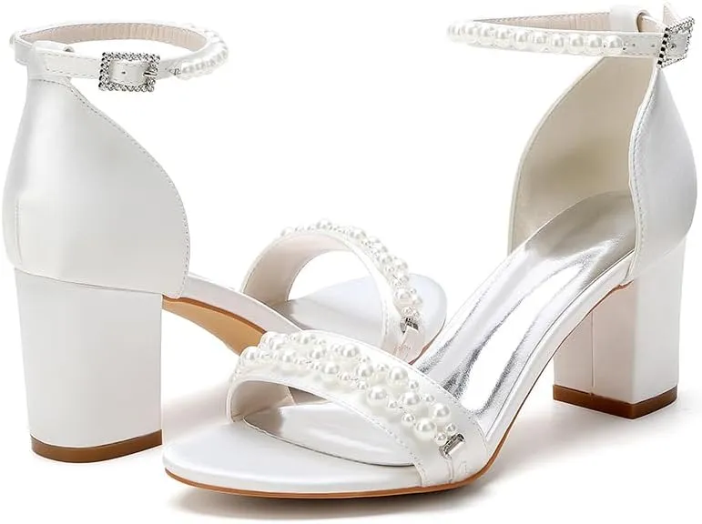 Women's Pearl Block Heels Wedding Shoes for Bride Low Heels Satin Bridal Shoes Open Toe Ankle Strap Heels Sandals