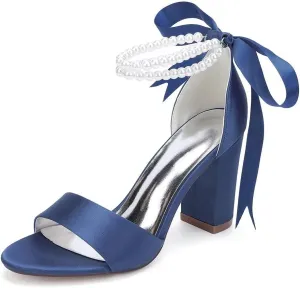 Women's Pearl Chunky Block Sandals for Wedding Shoes for Birde Open Toe Satin Bridal Shoes