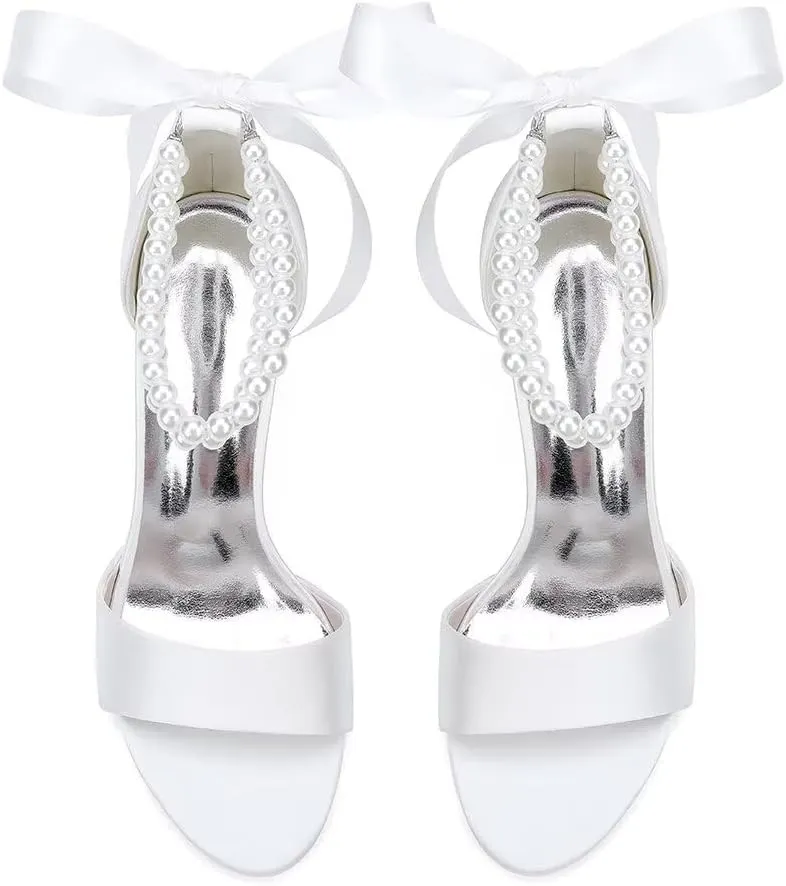 Women's Pearl Chunky Block Sandals for Wedding Shoes for Birde Open Toe Satin Bridal Shoes