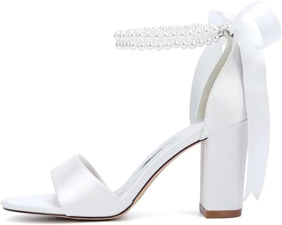 Women's Pearl Chunky Block Sandals for Wedding Shoes for Birde Open Toe Satin Bridal Shoes