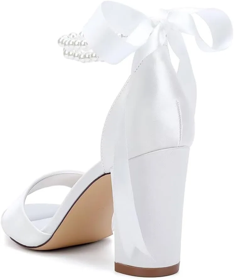 Women's Pearl Chunky Block Sandals for Wedding Shoes for Birde Open Toe Satin Bridal Shoes