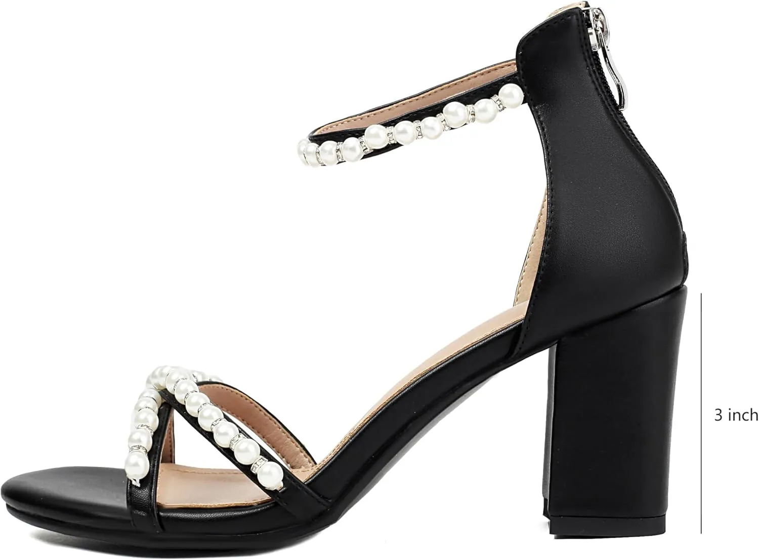 Women's Pearl Heels 3 Inch Chunky Block Heels Ankle Strap Wedding Party Prom Dressy Sandals with Back Zipper