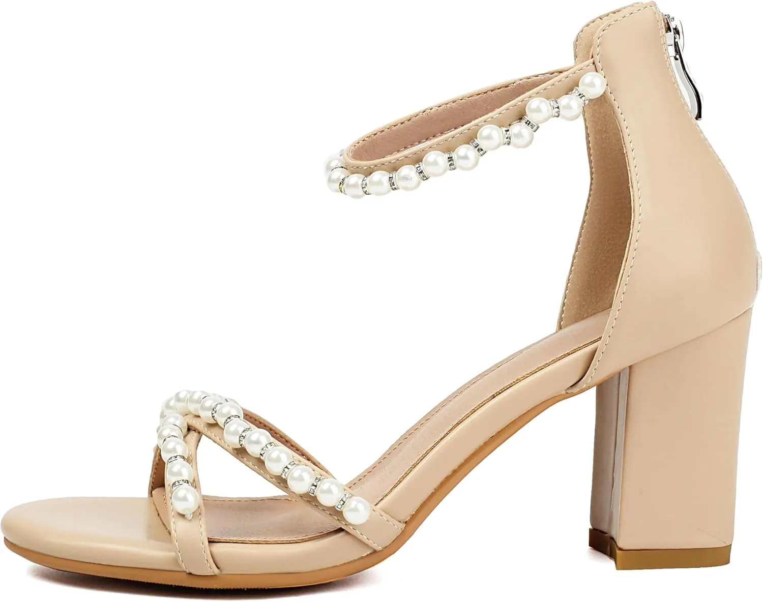 Women's Pearl Heels 3 Inch Chunky Block Heels Ankle Strap Wedding Party Prom Dressy Sandals with Back Zipper