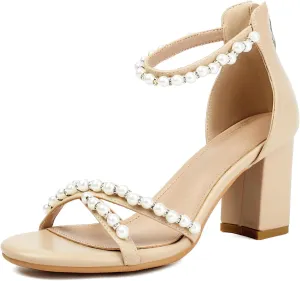 Women's Pearl Heels 3 Inch Chunky Block Heels Ankle Strap Wedding Party Prom Dressy Sandals with Back Zipper