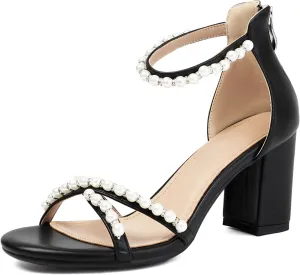 Women's Pearl Heels 3 Inch Chunky Block Heels Ankle Strap Wedding Party Prom Dressy Sandals with Back Zipper