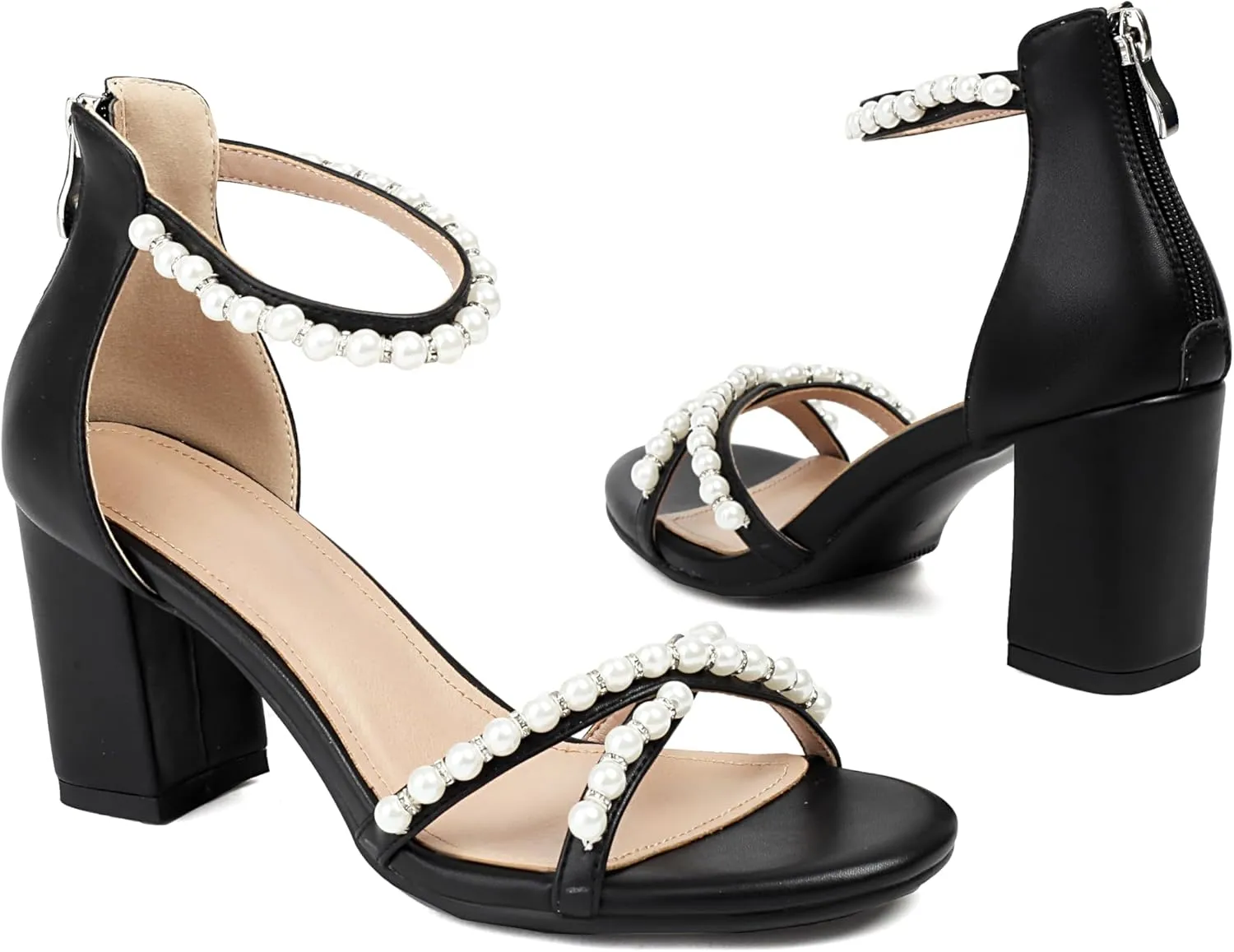 Women's Pearl Heels 3 Inch Chunky Block Heels Ankle Strap Wedding Party Prom Dressy Sandals with Back Zipper