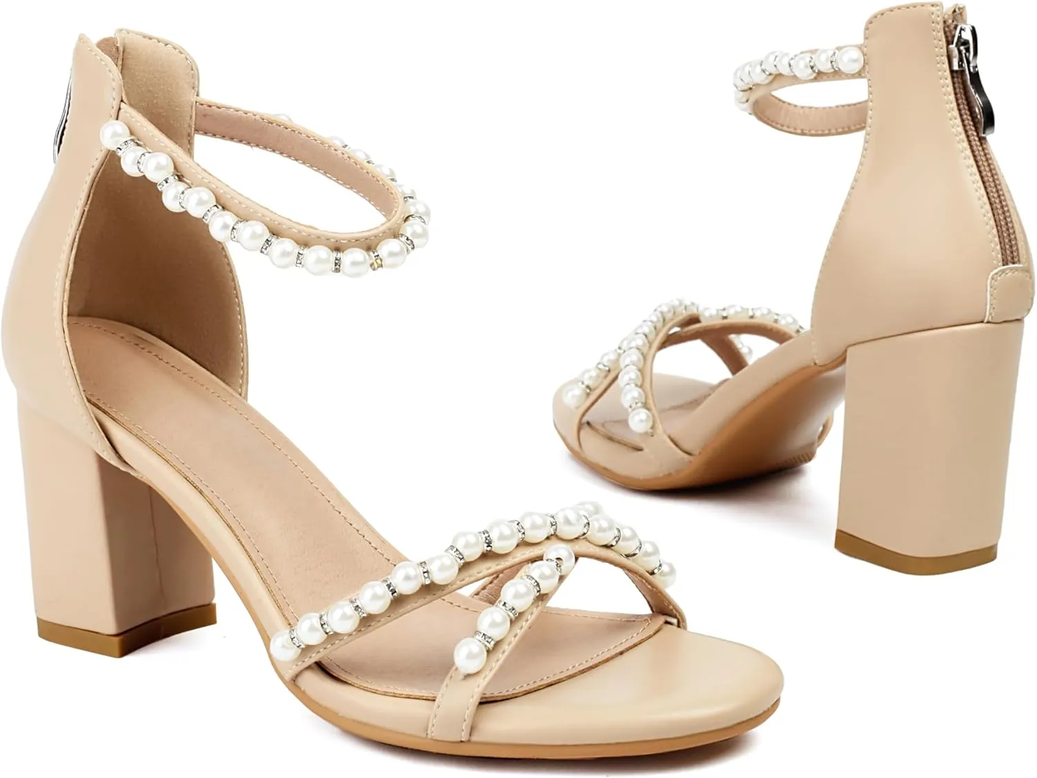 Women's Pearl Heels 3 Inch Chunky Block Heels Ankle Strap Wedding Party Prom Dressy Sandals with Back Zipper