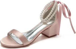 Women's Pearl Wedding Shoes for Bride - Low Block Heels Satin Bridal Prom Party Shoes 702-27