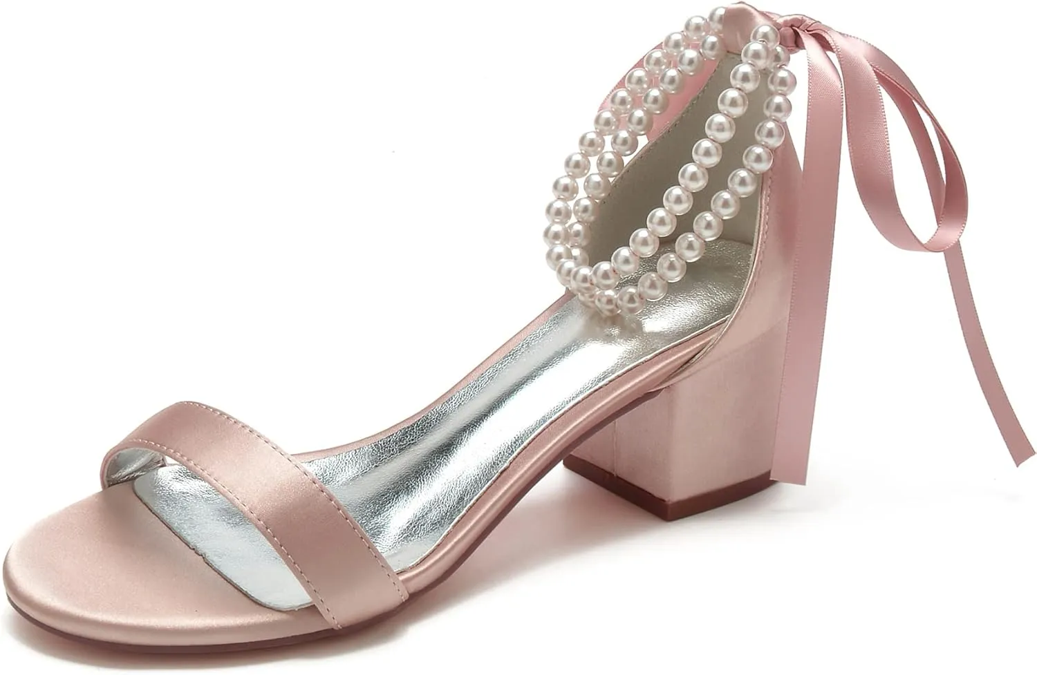Women's Pearl Wedding Shoes for Bride - Low Block Heels Satin Bridal Prom Party Shoes 702-27